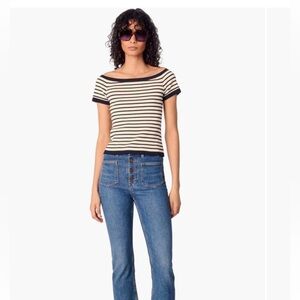 Maje Rib Knit Navy and White Striped Boat Neck Short Sleeve Top